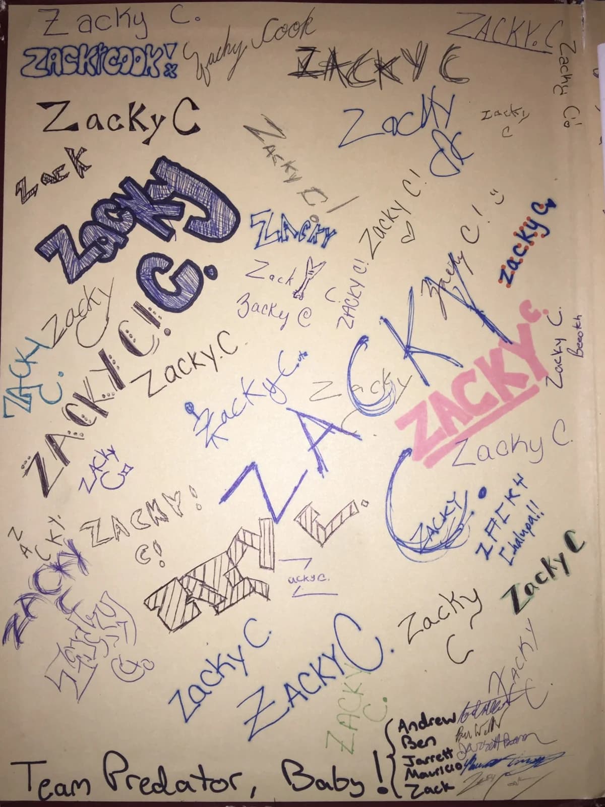 A page of handwritten Zack Cook and Zacky C lettering